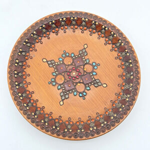 Pyrography Hand Painted Wooden Plate Romania Folk Art Handcrafted Vintage 5.5"